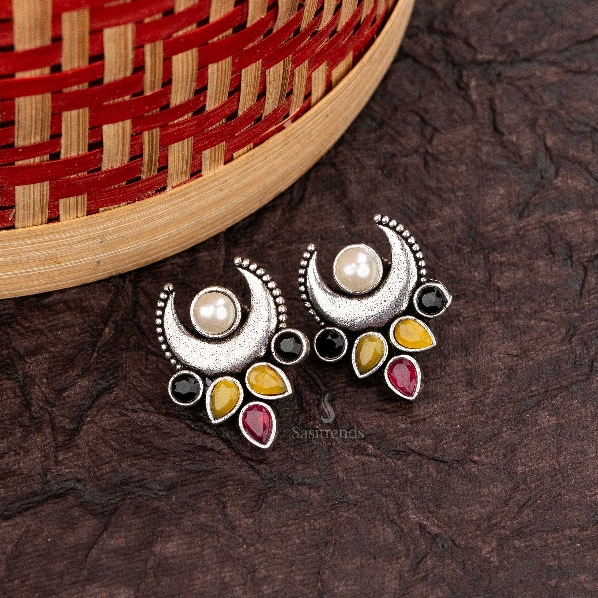 Multi-Colored Crescent-Shaped Trendy Oxidised Earrings with Pearl and Stone Inlays - Sasitrends