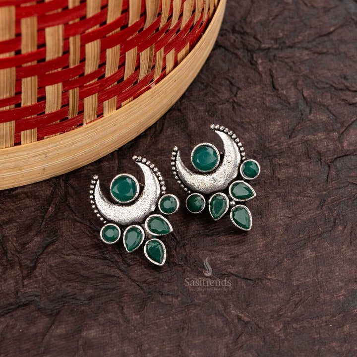 Emerald Green Crescent-Shaped Casual Wear Oxidised Earrings with Beaded Accents - Sasitrends