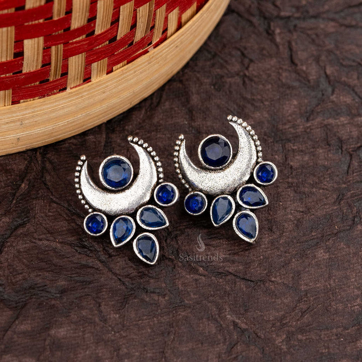 Royal Blue Crescent-Shaped Office Wear Oxidised Earrings with Teardrop Pearls - Sasitrends