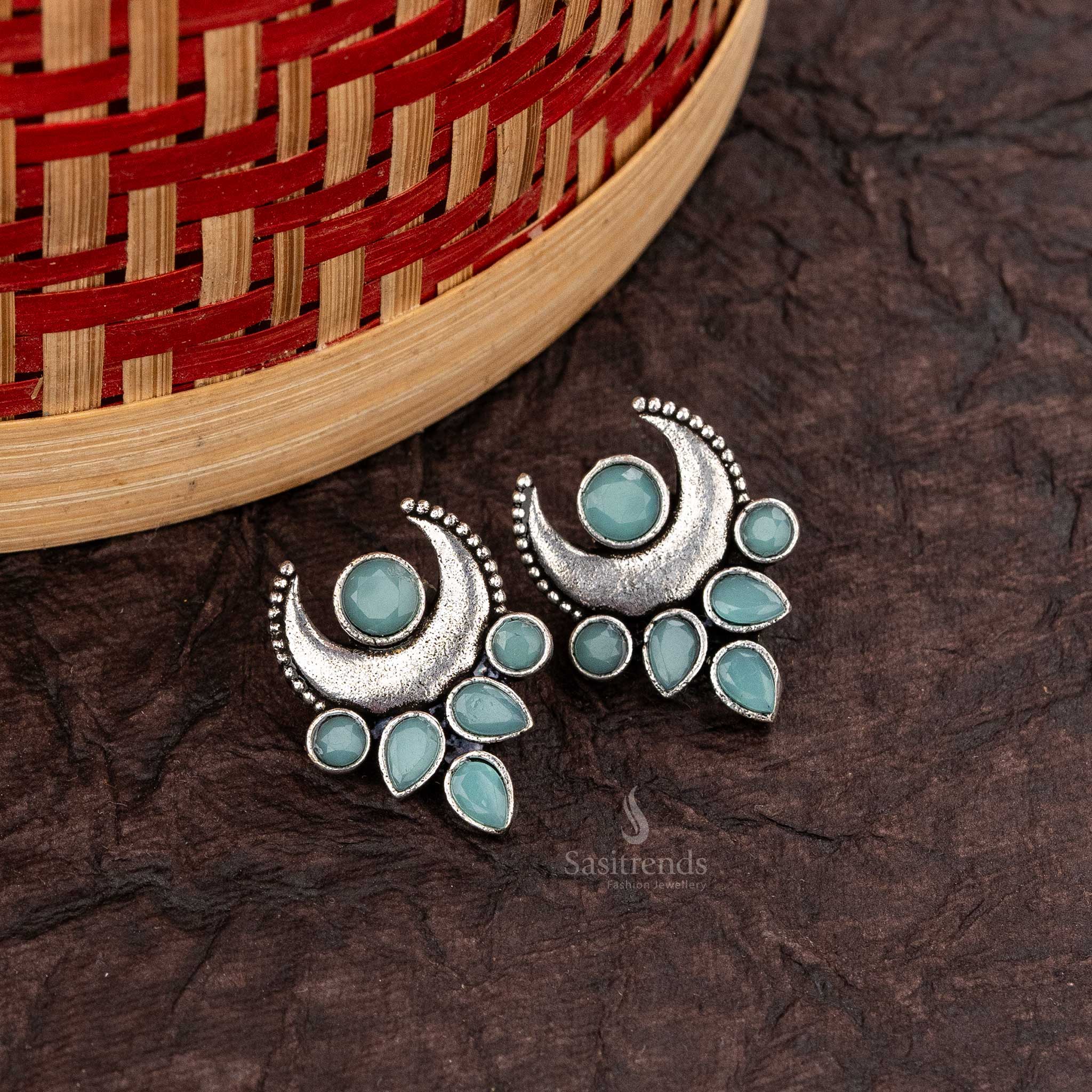 Sky Blue Crescent-Shaped Navarathiri Oxidised Earrings with Pear Cut Stones - Sasitrends