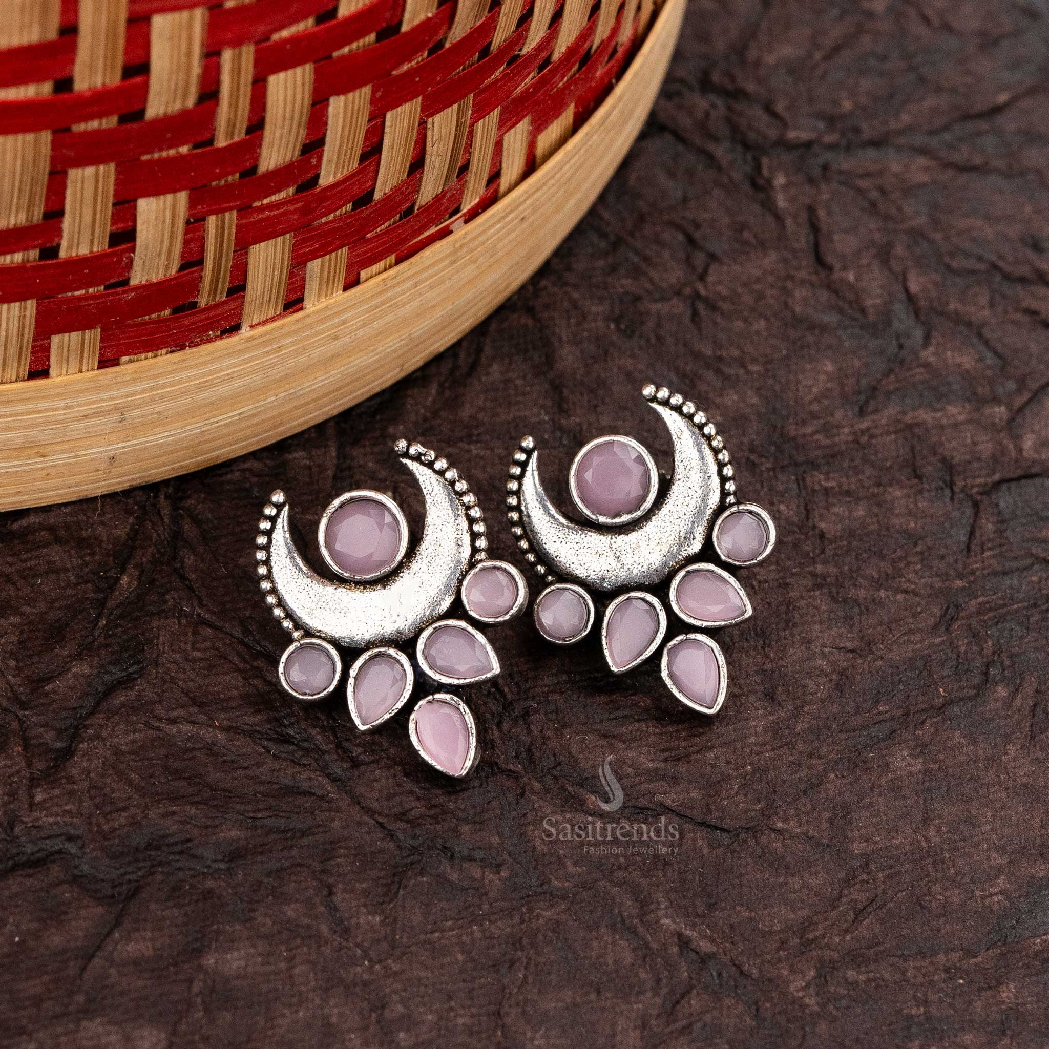 Soft Pink Crescent-Shaped Trendy Oxidised Earrings with Pear Cut Stones - Sasitrends