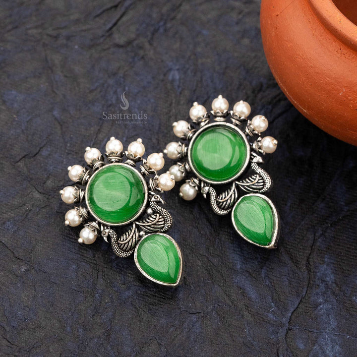 Elegant Oxidised Peacock and Round Stone Earrings with Pearl Accents - Sasitrends