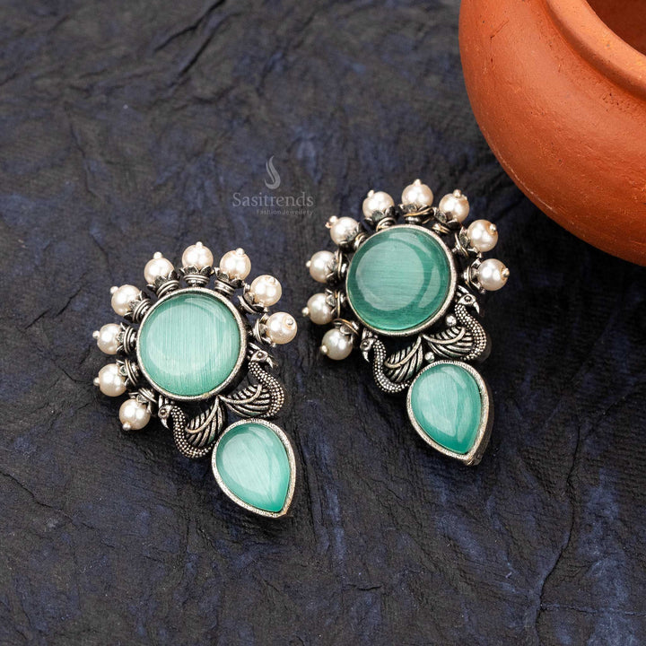 Light green peacock casual wear earrings with raindrop stones and pearl trim - sasitrends