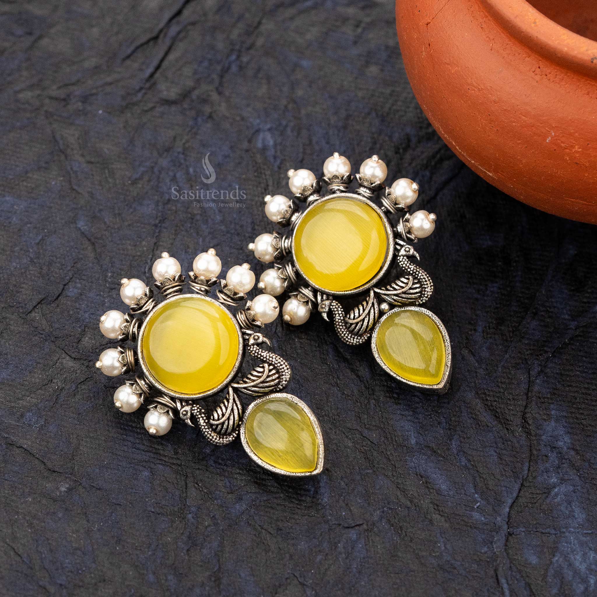 Sunshine yellow elegant earrings with pearl-studded peacock and teardrop design - sasitrends