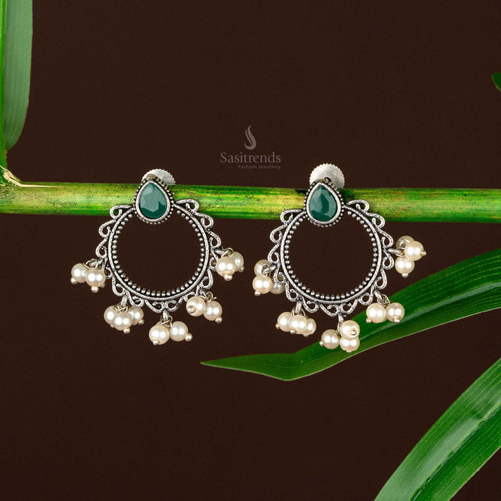 Elegant oxidised silver hoop Trendy earrings with green teardrop stone - sasitrends