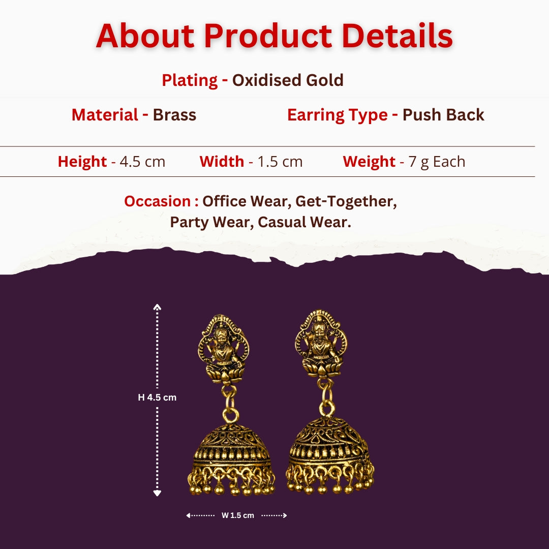 Oxidised Antique Gold Lakshmi Designer Jhumka Earrings About Product Details