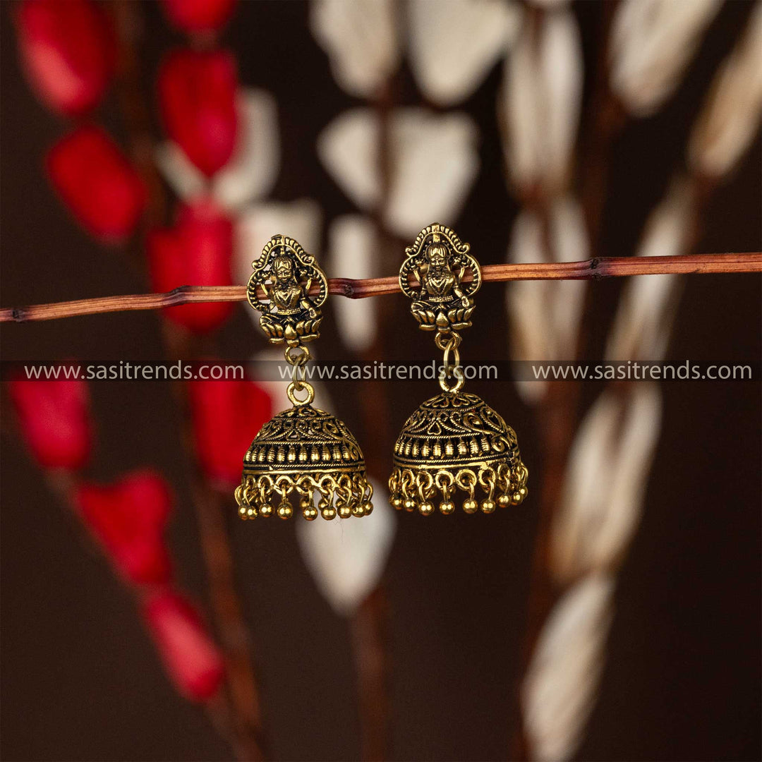 Antique Gold Lakshmi Jhumka Earrings with Beaded Detailing