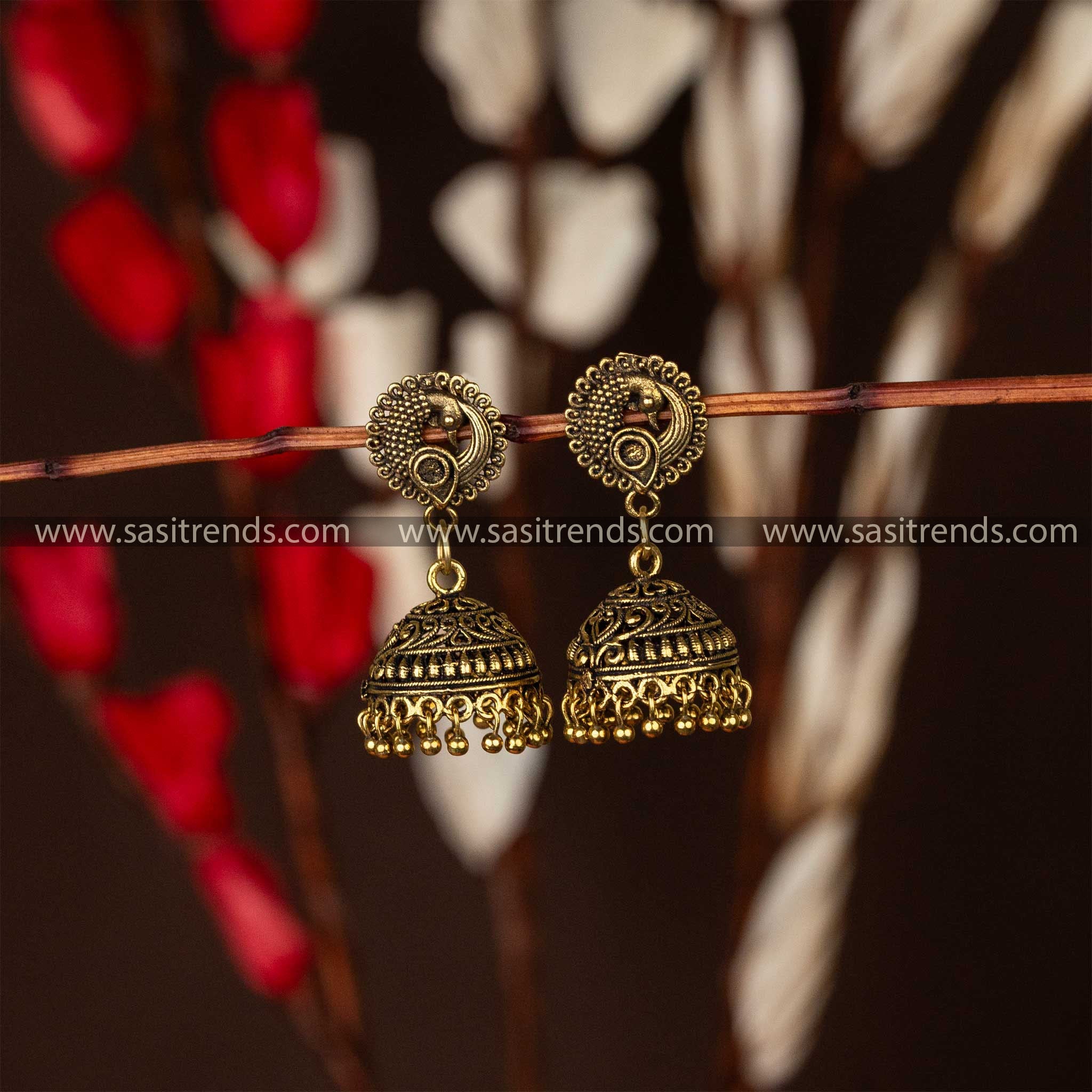 Antique Gold Jhumka Earrings with Peacock Design Top 