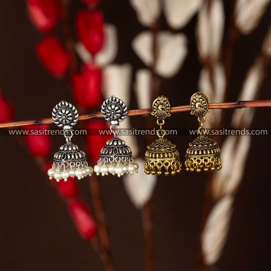 Oxidised Silver Jhumka Earrings with Elegant Pearl Embellishments 