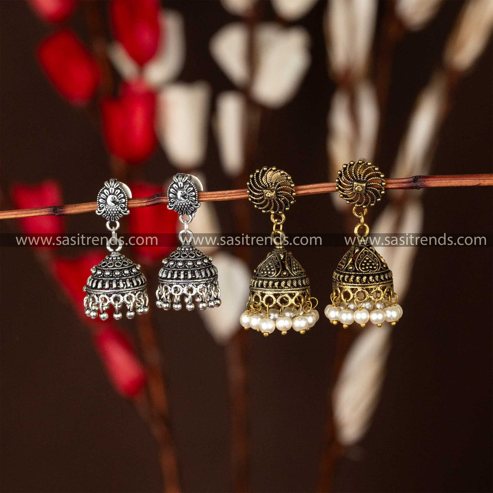 Traditional Wear Floral Oxidised Silver And Antique Gold Jumka Earrings Pearl Sasitrends Online Shopping