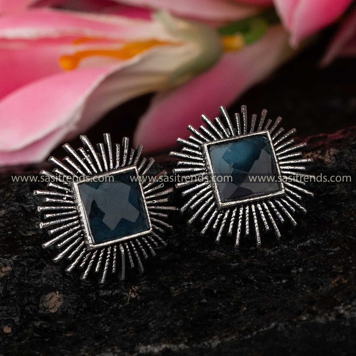 Blue Square Stone Latest Oxidised Earrings Navarathiri Special Elegance Sasitrends Online Shopping