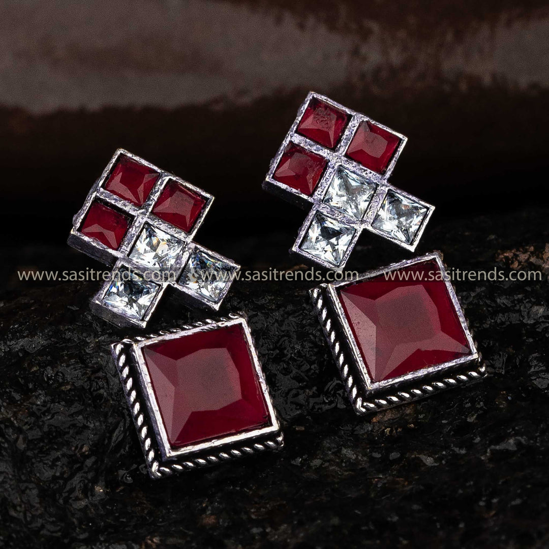 Trendy Oxidised Ruby White Stone Stud Square Pattern Navarathiri Special Earrings Sasitrends