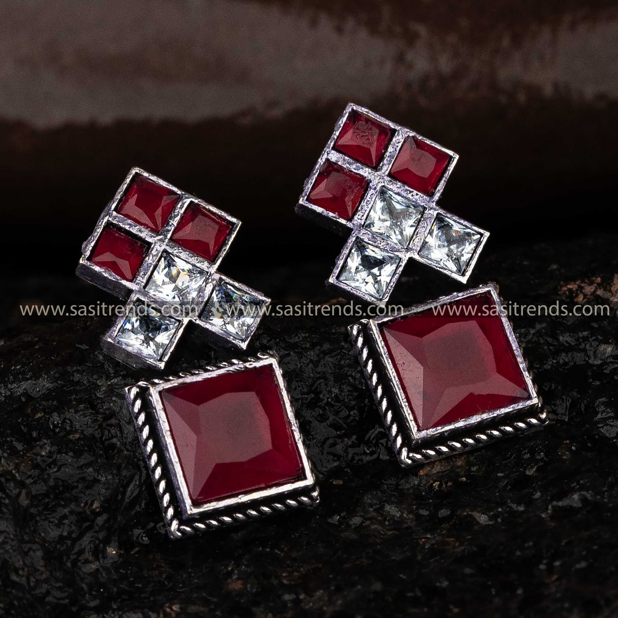 Trendy Oxidised Ruby White Stone Stud Square Pattern Navarathiri Special Earrings Sasitrends