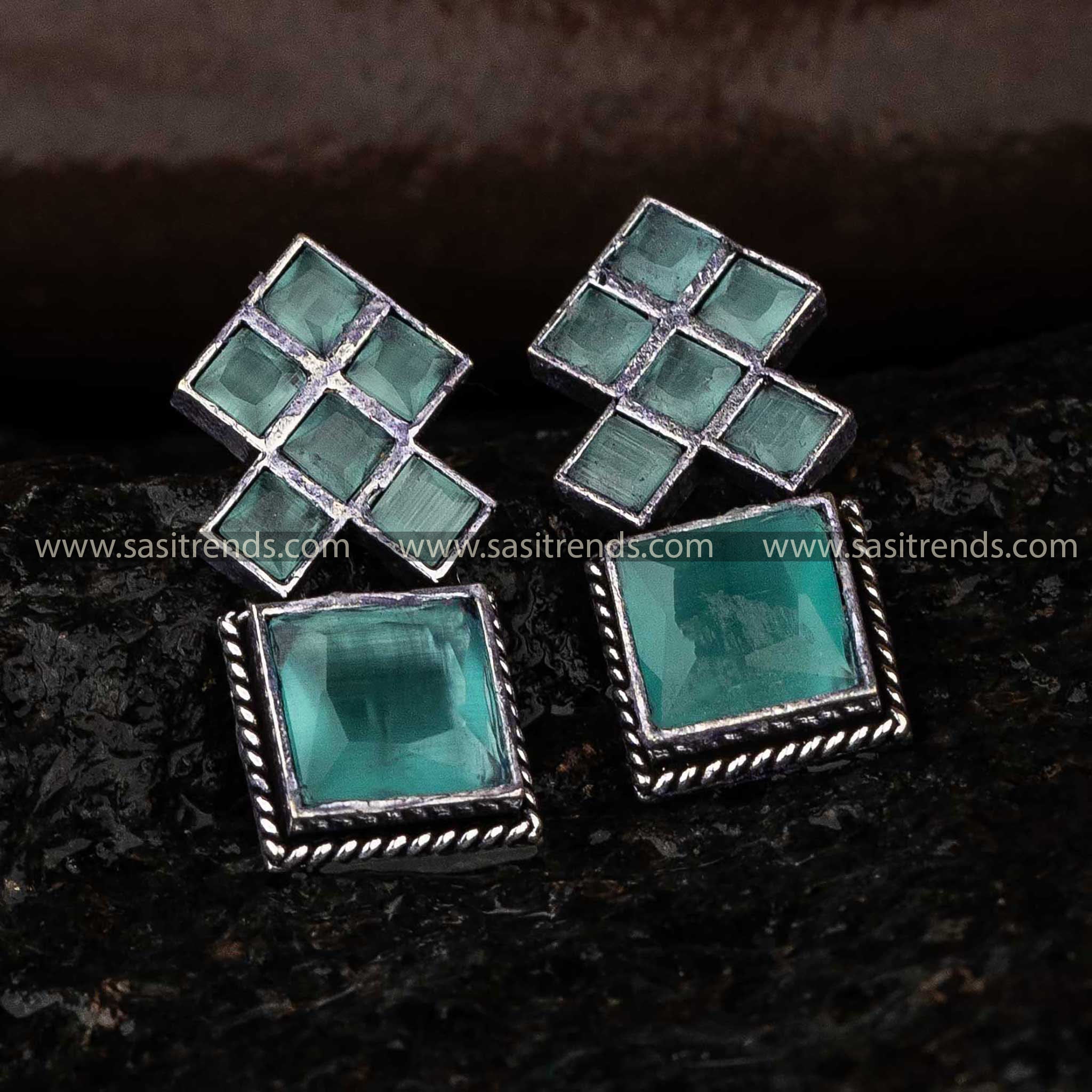 Latest Oxidised Square Pattern Mint Stone Stud Push Back Earrings Sasitrends 