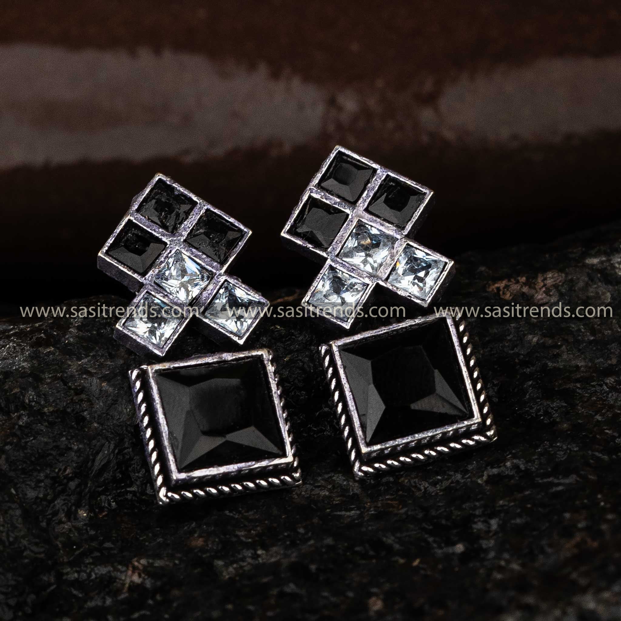 Navarathiri Special Elegance Black And White Oxidised Square Stone Earrings Sasitrends Online Shopping