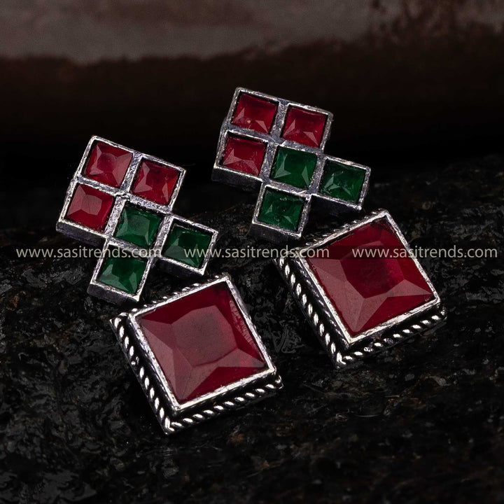 Ruby Green Square Stone Oxidised Jewellery Navarathiri Sasitrends Online