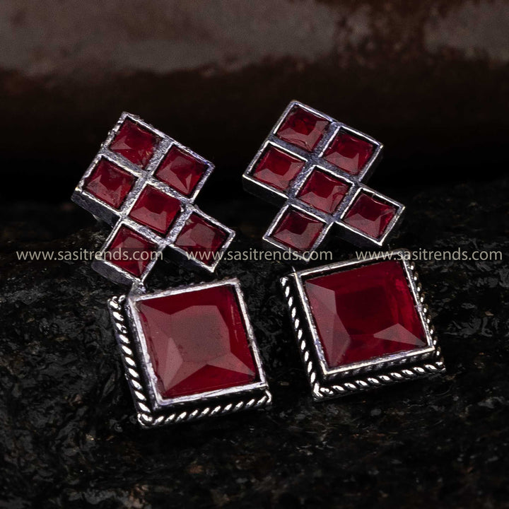 Ruby Oxidised Jewellery Square Stone Stud Earrings Sasitrends Online Shopping