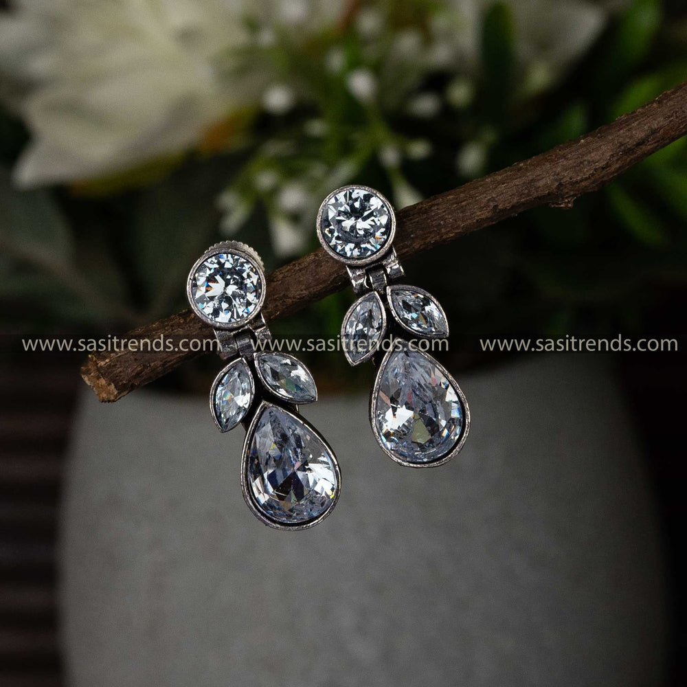 Latest Oxidised White Stone Stud Leaf Pattern Push Back Earrings Sasitrends Online Shopping