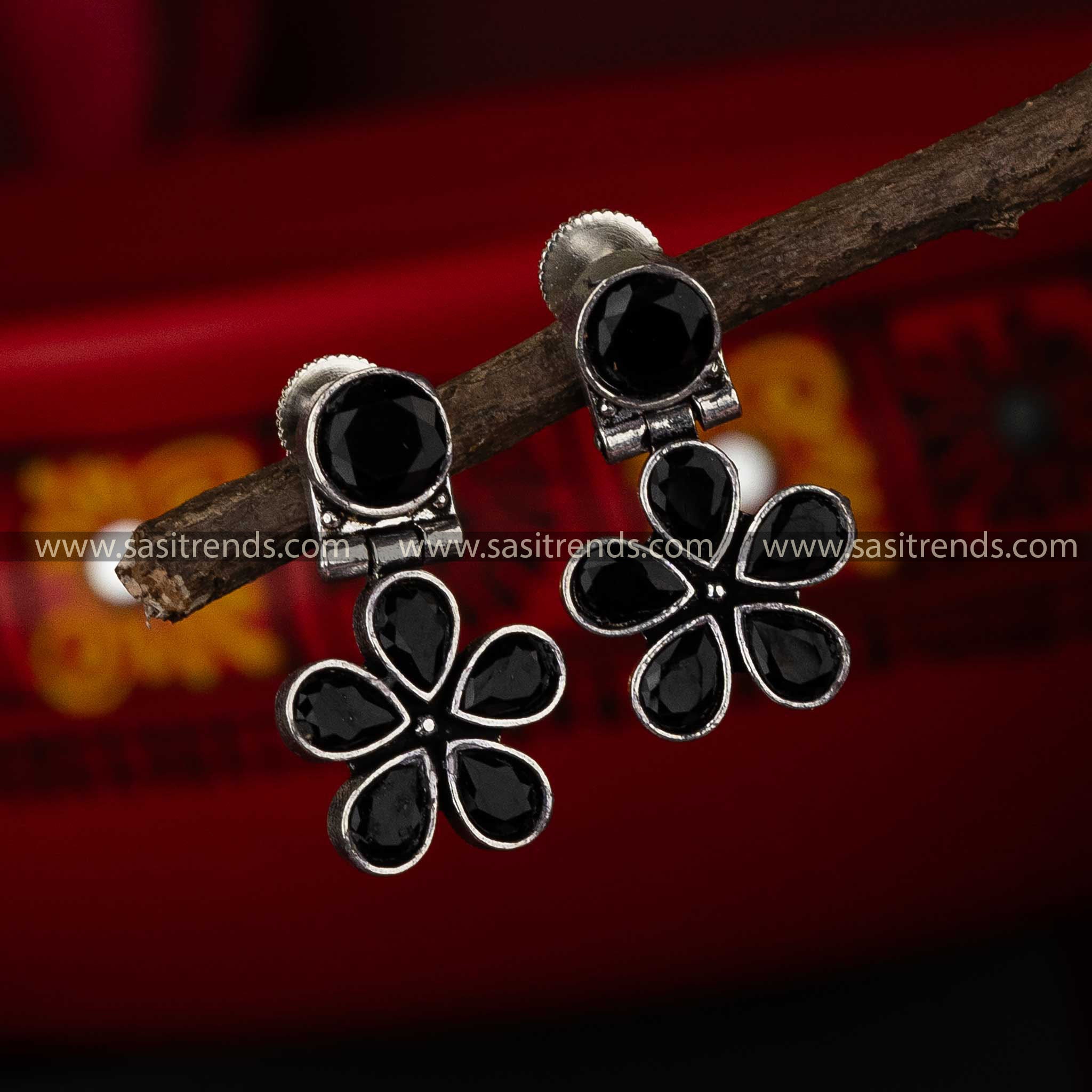 Classic Black Stone Oxidised Earrings for Navarathiri - Timeless Elegance