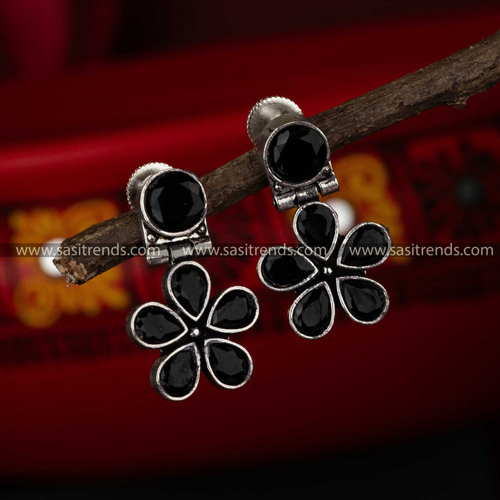 Classic Black Stone Oxidised Earrings for Navarathiri - Timeless Elegance