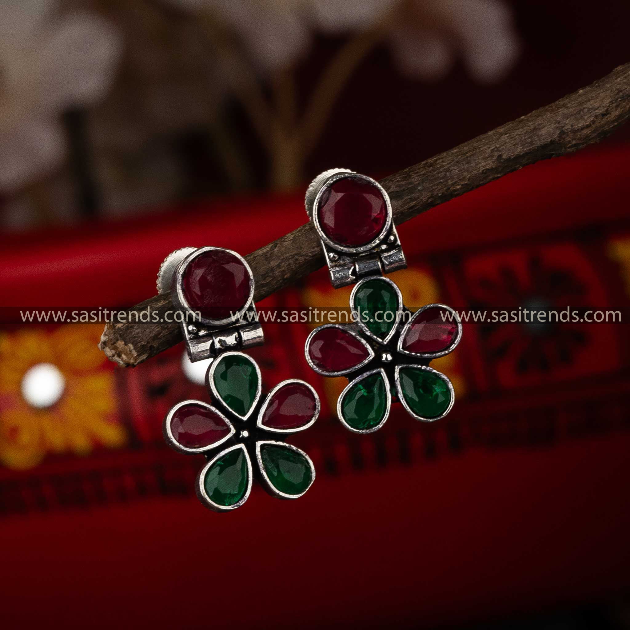 Ruby Green Stone Oxidised Earrings Navarathiri Special Collection Sasitrends Online Shopping