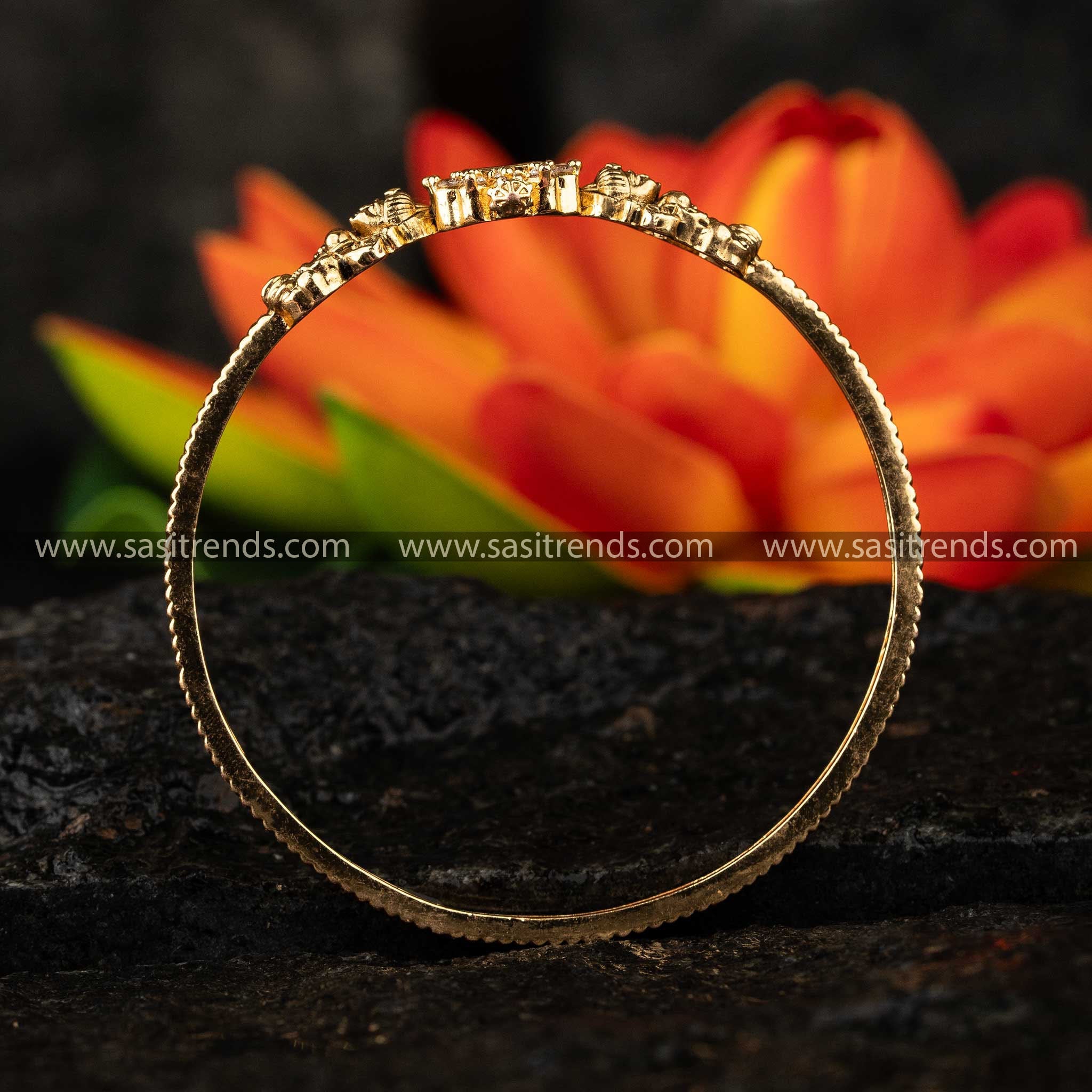 Detailed view of a traditional Temple Jewellery Kada Bangle featuring a Goddess Lakshmi motif