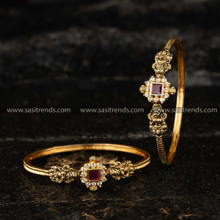 Sasitrends - Elegant Goddess Lakshmi Temple Matte Gold Plated Kada Bangles - 2 Pieces