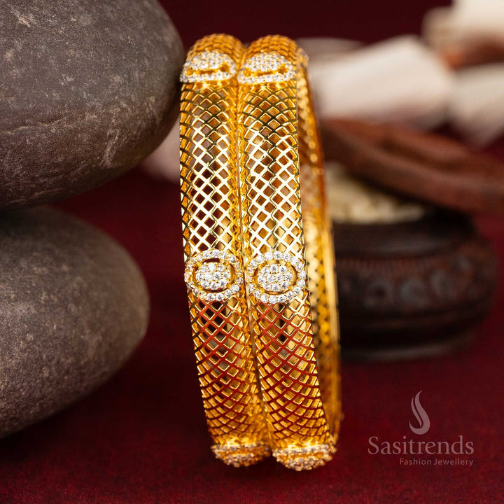 Graceful micro gold plated American diamond bangles with an elegant mesh design and circular AD embellishments in a pure white shade, ideal for timeless jewellery styles - Sasitrends