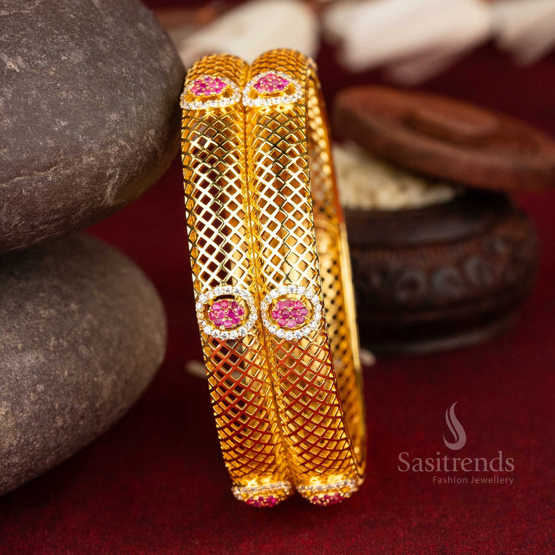 Stunning micro gold plated American diamond bangles with an elegant mesh pattern and circular AD highlights in an exquisite white and ruby tone, a striking choice for luxurious jewellery - Sasitrends