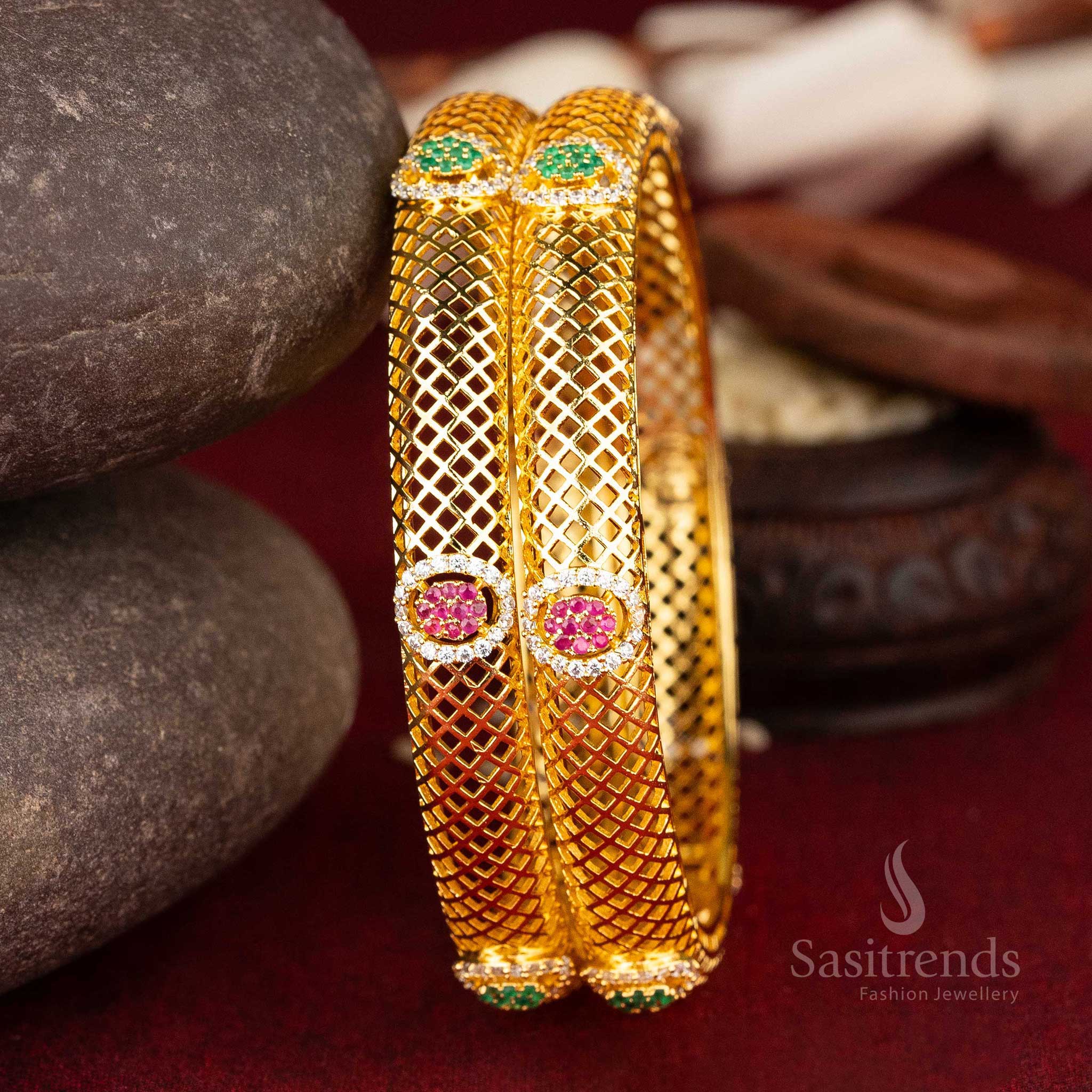 Vivid micro gold plated American diamond bangles showcasing an elegant mesh style and circular AD embellishments in a dazzling multi-hued design - Sasitrends