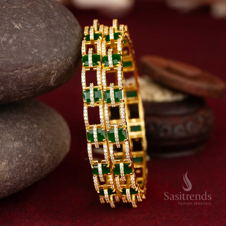 Opulent micro gold plated American diamond bangles featuring bold geometric design and intricate square patterns in a unique white and green style for luxurious jewellery - Sasitrends