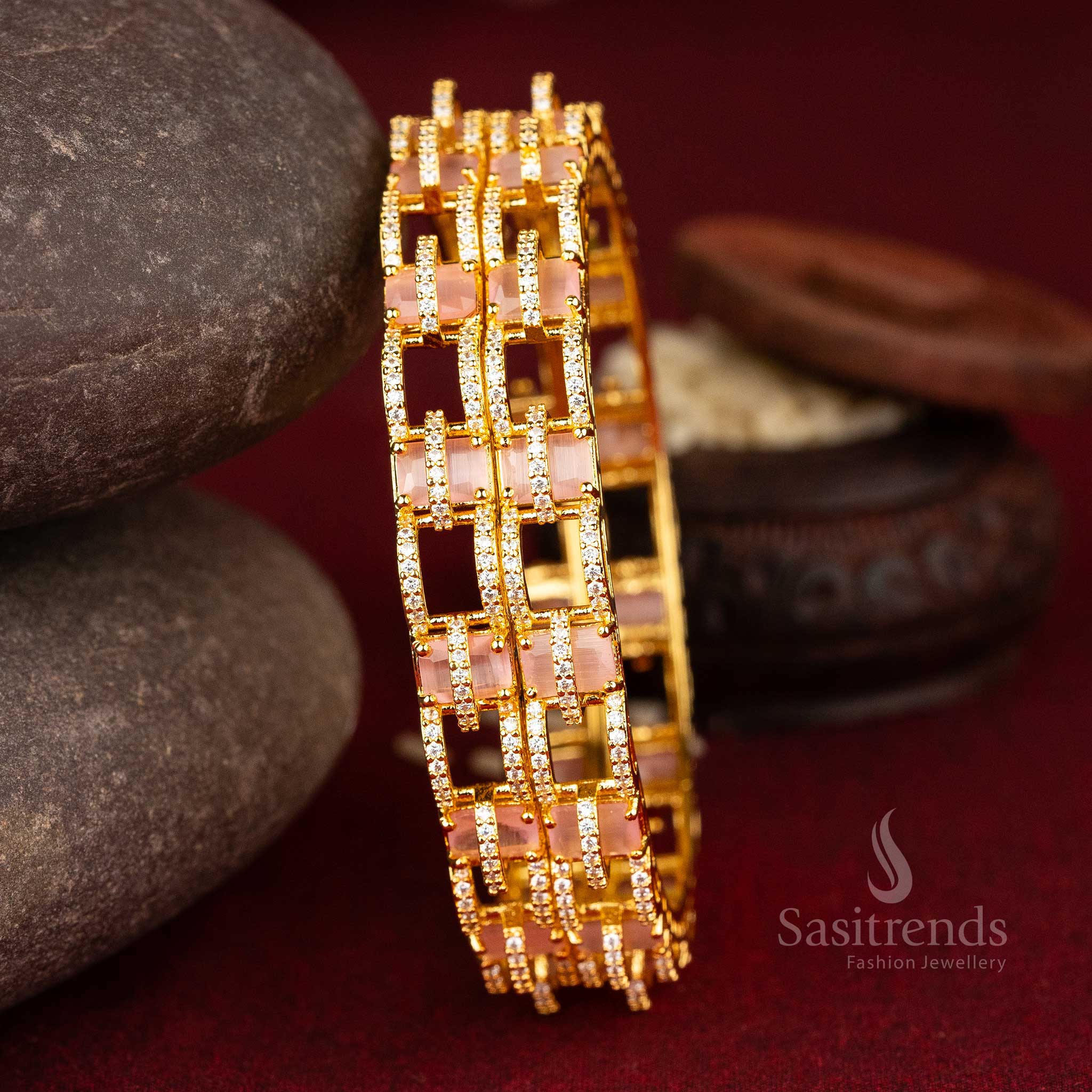 Micro gold plated American diamond bangles showcasing bold geometric design and intricate square patterns in a delightful white and pink hue for charming jewellery - Sasitrends