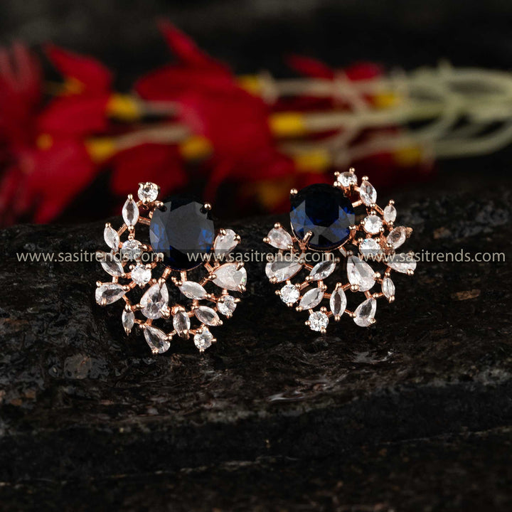 Contemporary Blue Stone Rose Gold Party Wear Earrings Sasitrends Online Shopping