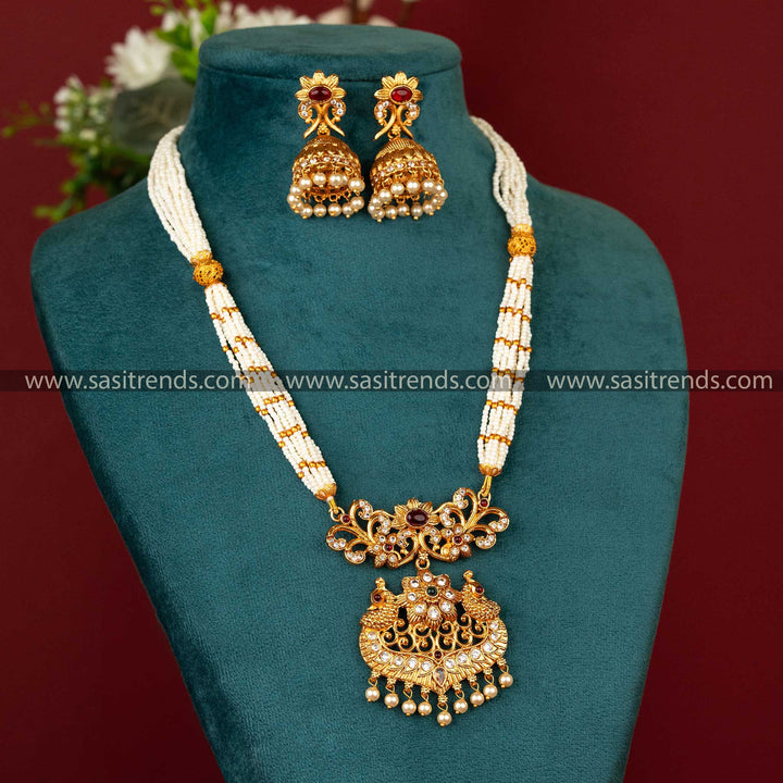 classic Matte Gold-Plated Beaded Jewellery Set with Multi-Color Stone Peacock Pendant