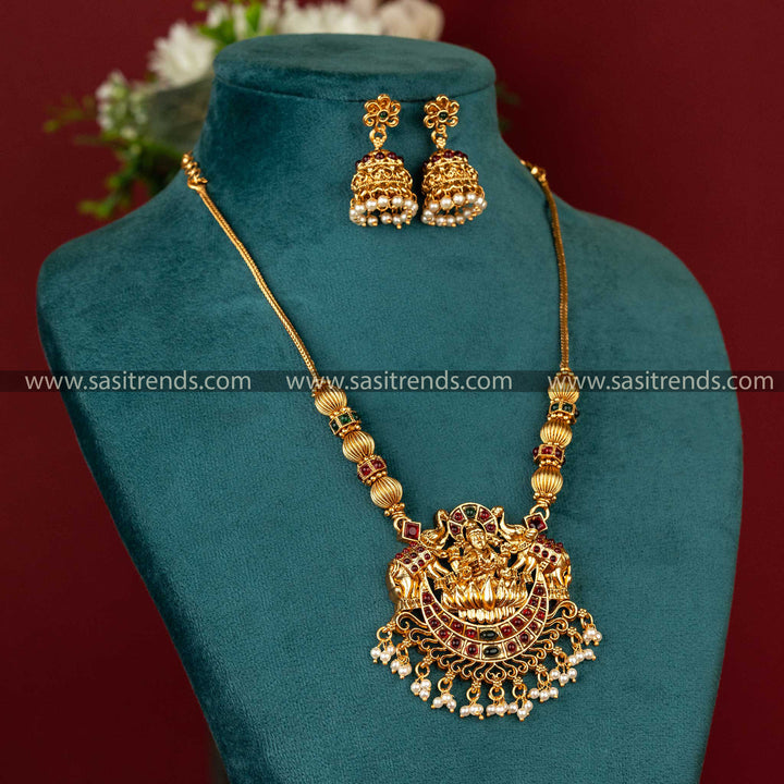 Traditional Lakshmi Pendant Necklace with Floral Jhumka Earrings - Ruby-Green 