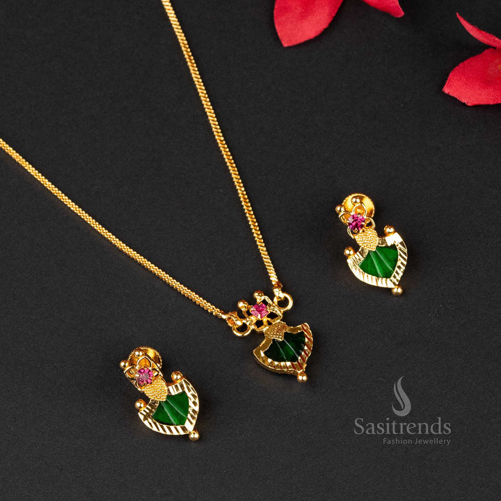 Lush gold-plated Palakka square chain set featuring a radiant green pendant centerpiece  - Sasitrends