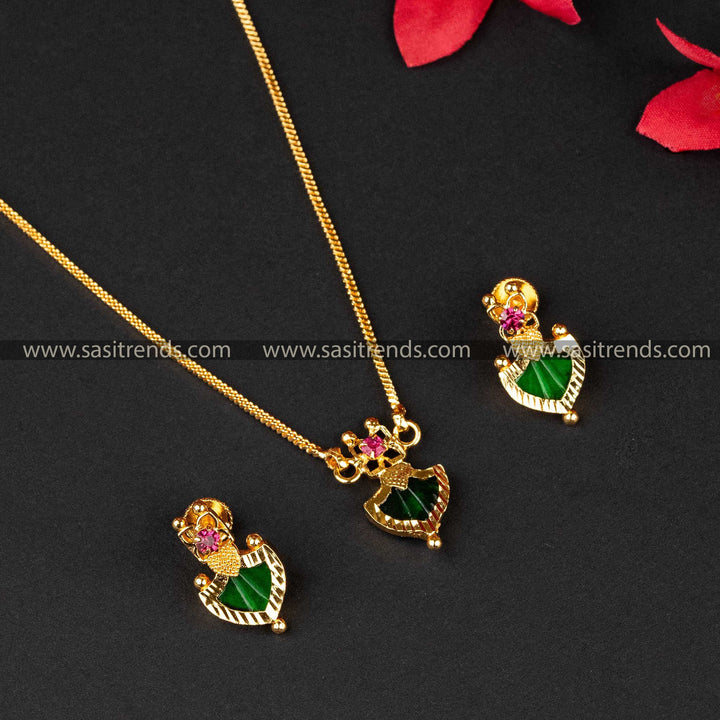 Elegant Green Palakka Square Chain Necklace Jewellery Set in Micro Gold Plating