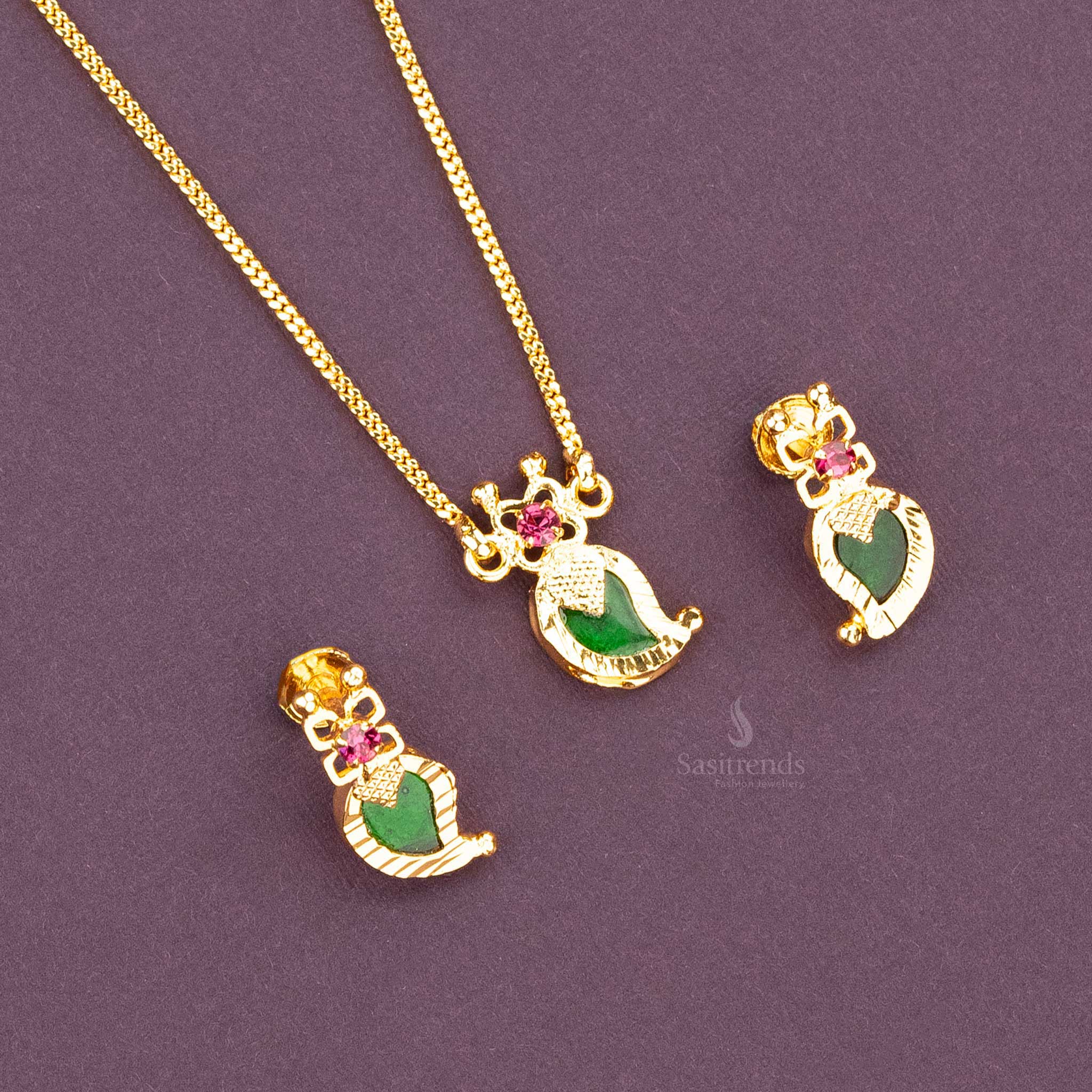 Kerala Palakka Mango Necklace with Matching Earrings in Green - Pink Stone Head - One Gram 24 Carat Pure Gold Micro Plated