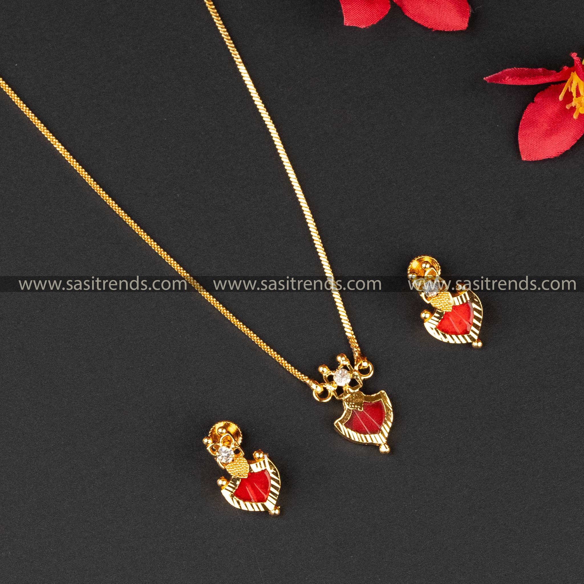 Elegant Red Palakka Square Chain Necklace Jewellery Set in Micro Gold Plating