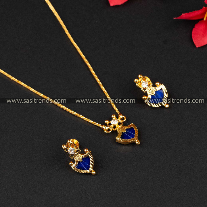 Elegant Blue Palakka Square Chain Necklace Jewellery Set in Micro Gold Plating