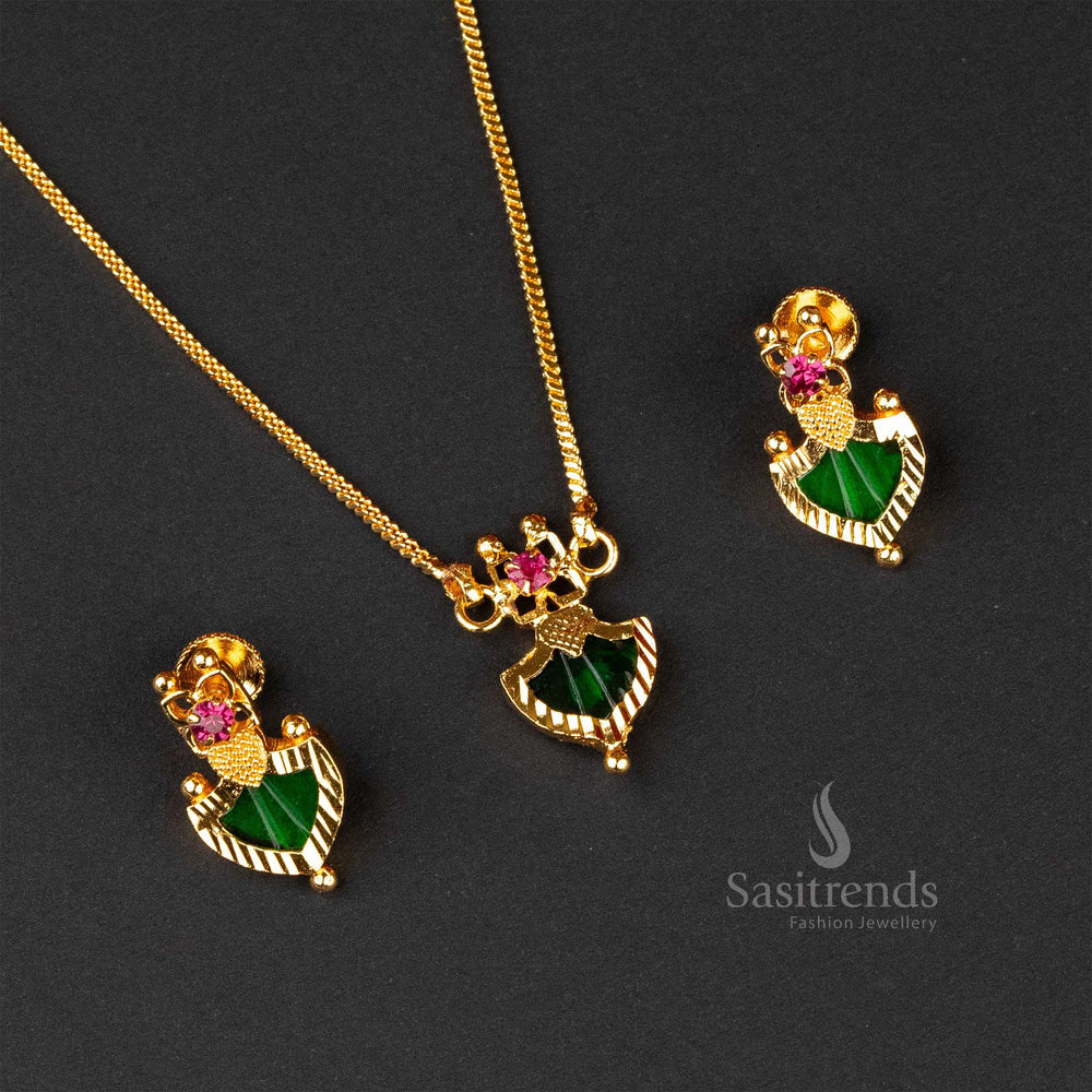 Classic Palakka jewellery set with gold plating, green stones, and a square chain pendant design - Sasitrends