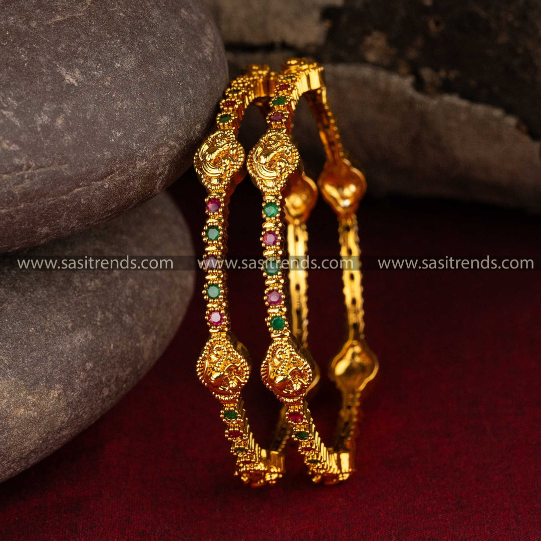 Peacock Motif American Diamond Temple Bangles Sasitrends Online Shopping