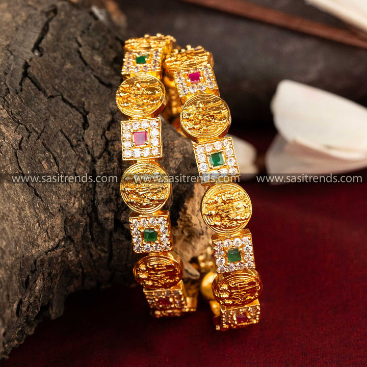 Sasitrends | Traditional Ram and Sita Motif AD Matte Gold Plated Temple Bangles