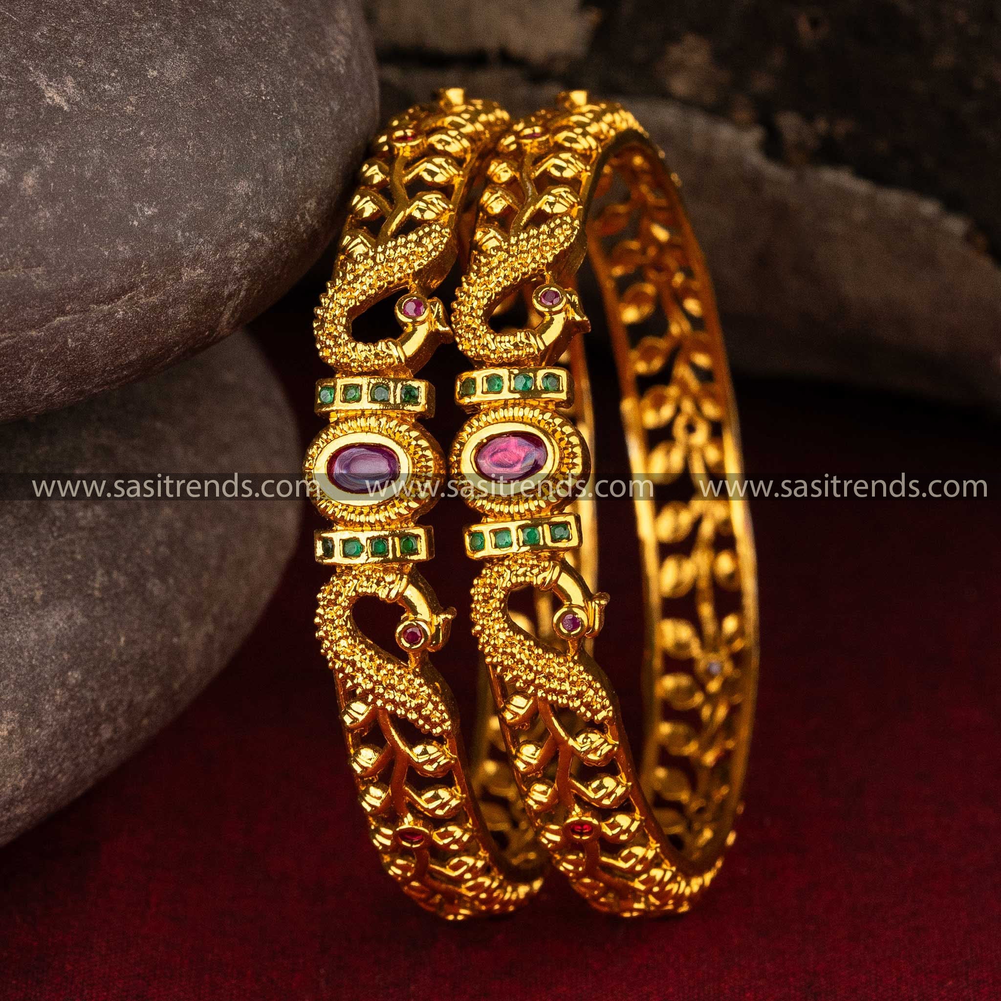 Peacock Motif Bridal AD Matte Gold Plated Temple Bangles Sasitrends Online Shopping