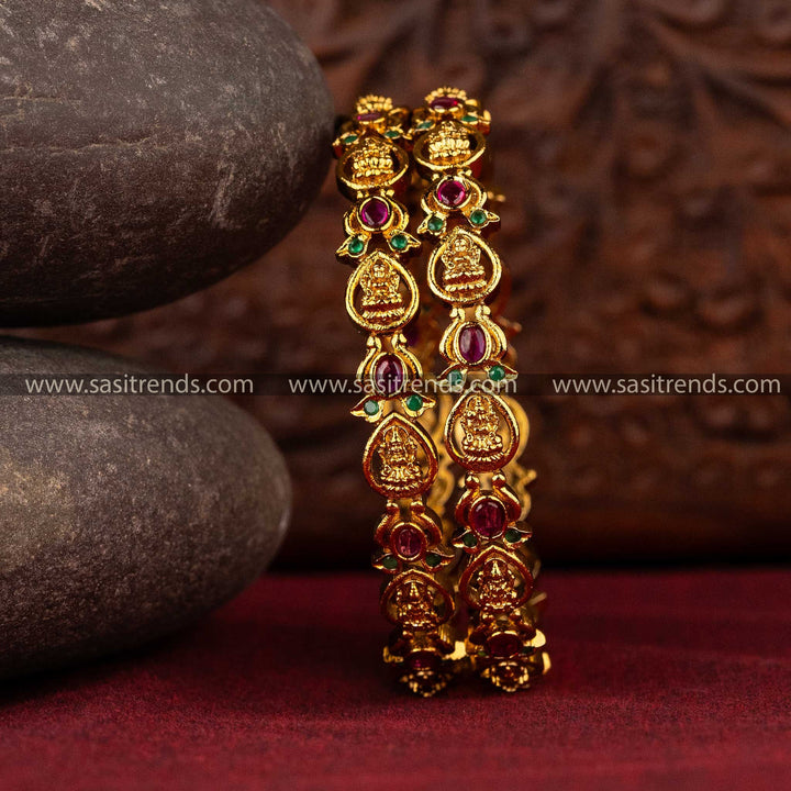 Sasitrends - Temple Matte Gold-Plated Bangles with Lakshmi Motifs and AD Kemp Stones