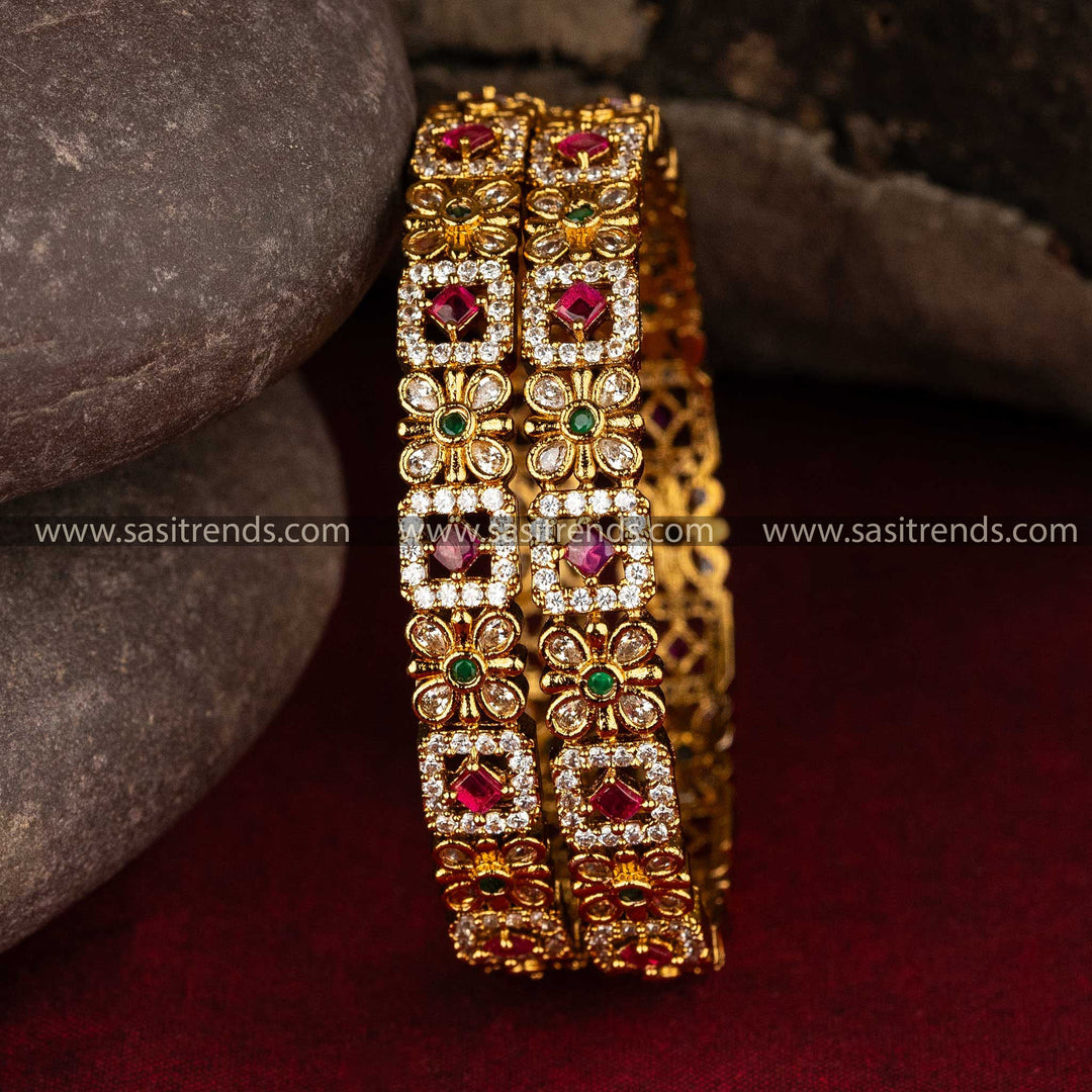 Elegant temple jewellery bangles with intricate floral and square designs, ideal for weddings and festive celebrations.