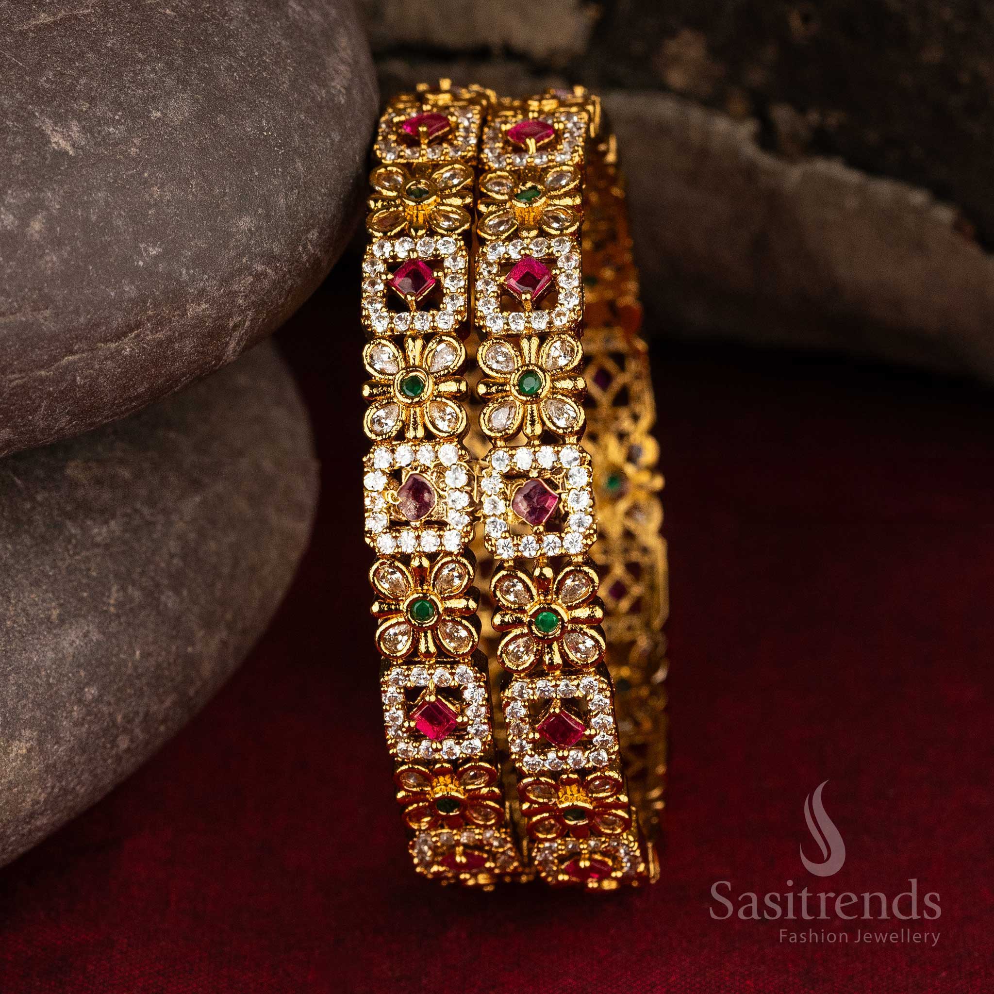 Elegant temple jewellery bangles with intricate floral and square designs, ideal for weddings and festive celebrations.  - Sasitrends