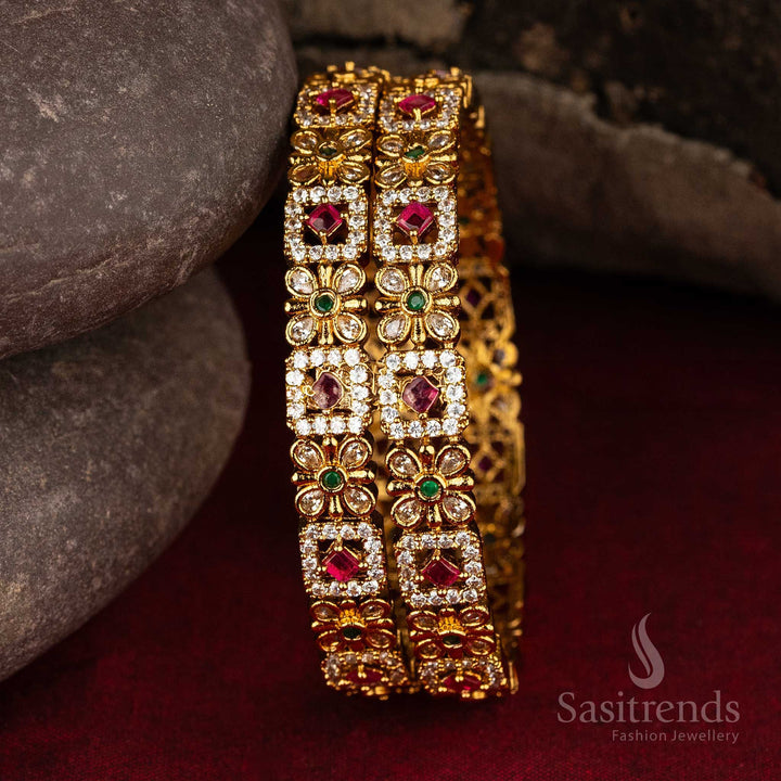 Exquisite AD Matte Gold-Plated Bangles with Floral and Square Motifs - Sasitrends