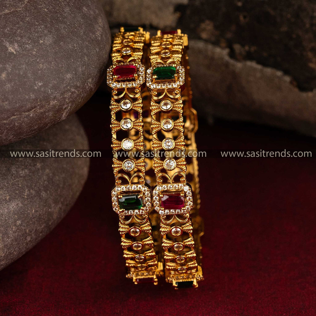 Matte gold temple bangles with rectangular and round AD stones