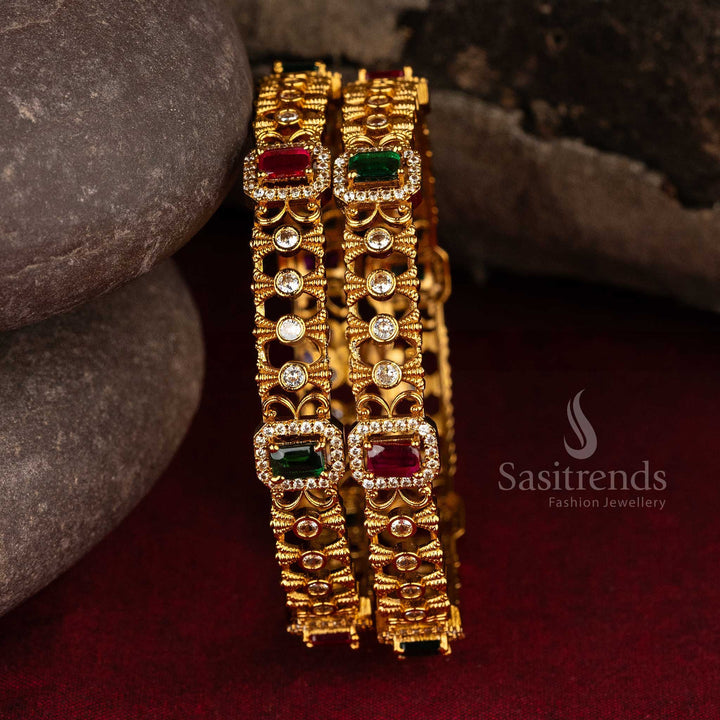 Traditional Matte Gold-Plated Temple Bangles with Rectangular and Round AD Stones | Sasitrends